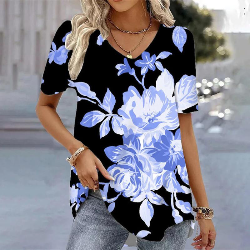 T-shirts V-neck Women's Floral Printed Summer Casual Short Sleeve Tee Shirts Harajuku Versatile Blouse Tops For Female Clothing