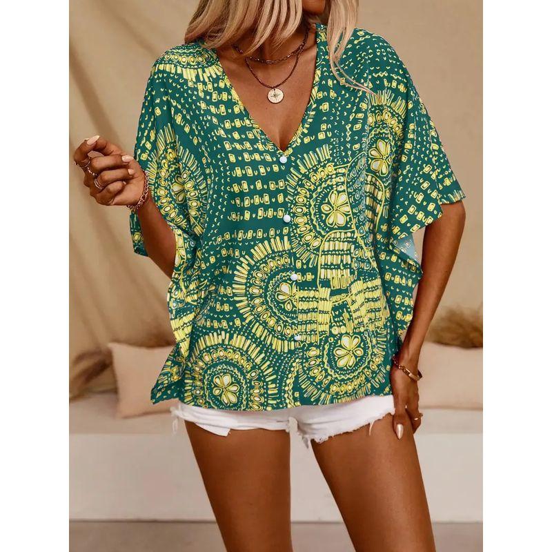

Leisure Shirt2025 Women s Fashion New V-neck Print Vacation Style Batwing Sleeve Tops Casual Shirt Green S