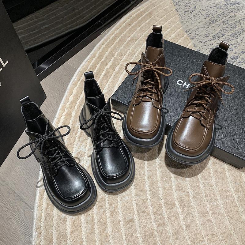 Stivali alla Moda Taglia Grande Moda Casual con Plateau per Donna Punta Quadrata Autunno Inverno Scarpe in Pelle PU Stivaletti alla Caviglia da Donna Designer Coreano