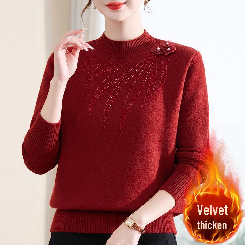 Mom's Warm Velvet Knit Sweater for Autumn & Winter - Ideal for Middle-aged & Elderly