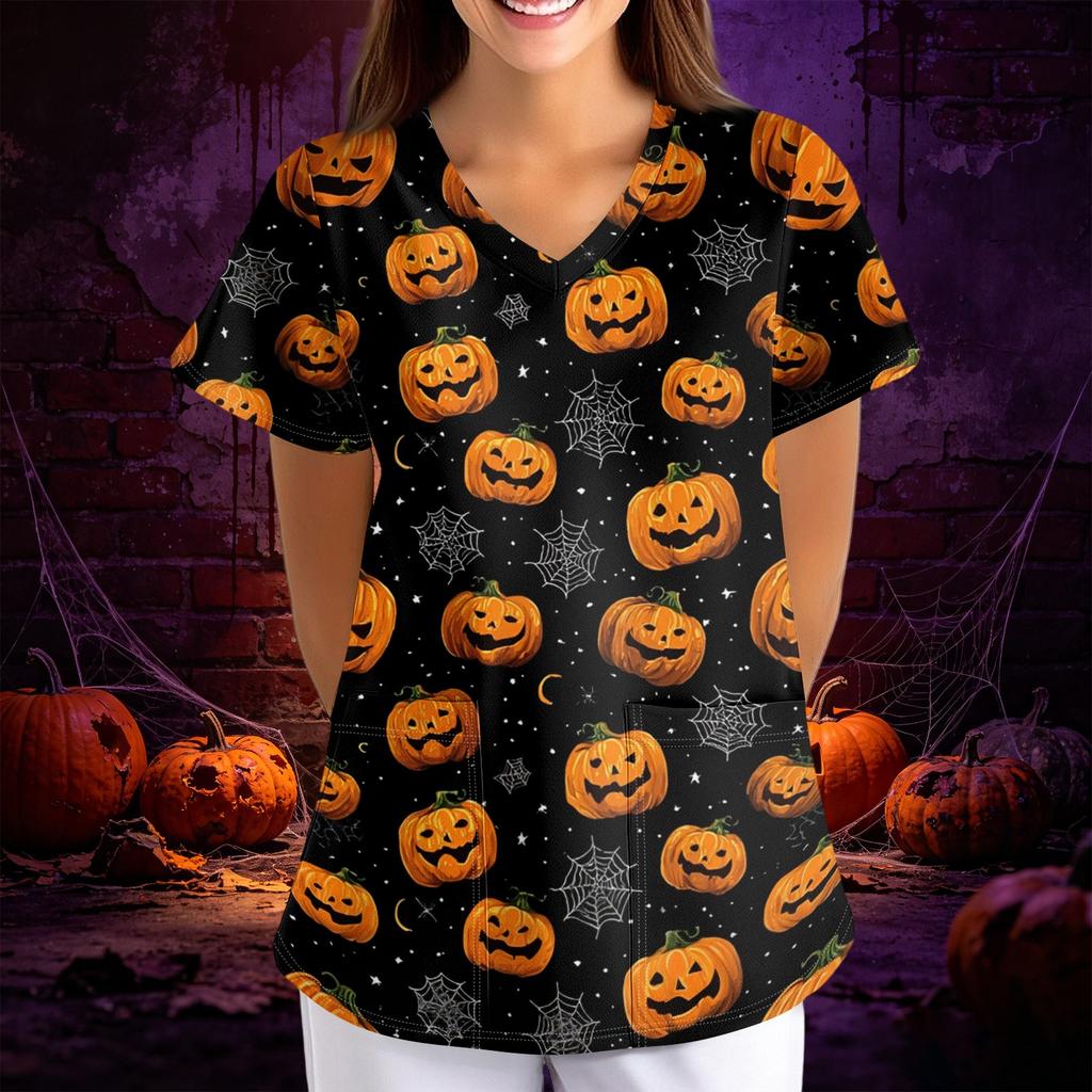 Women Halloween Print Loose Fit V Neck Short Sleeve Scrub Top with Pockets for Healthcare Professionals Comfortable Workwear