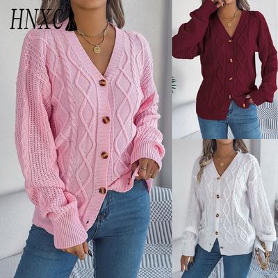 HNXC Autumn and Winter Casual V-neck, Lantern Sleeve, Twist Button Cardigan, Sweater and Jacket Women's Wear