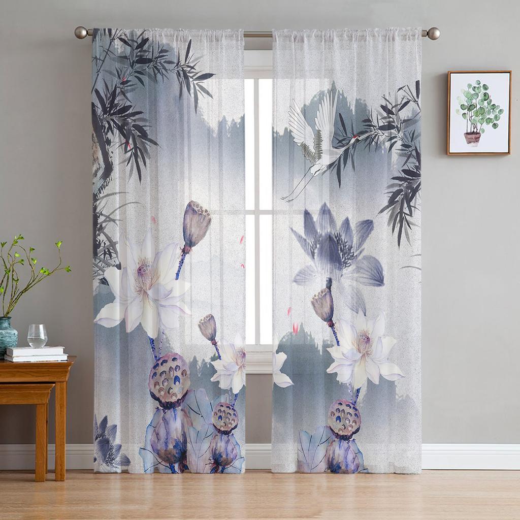 Landscape Ink Painting Chinese Style Sheer Tulle Window Curtains For Living Room Bedroom Kitchen Veiling Curtain Home Decoration