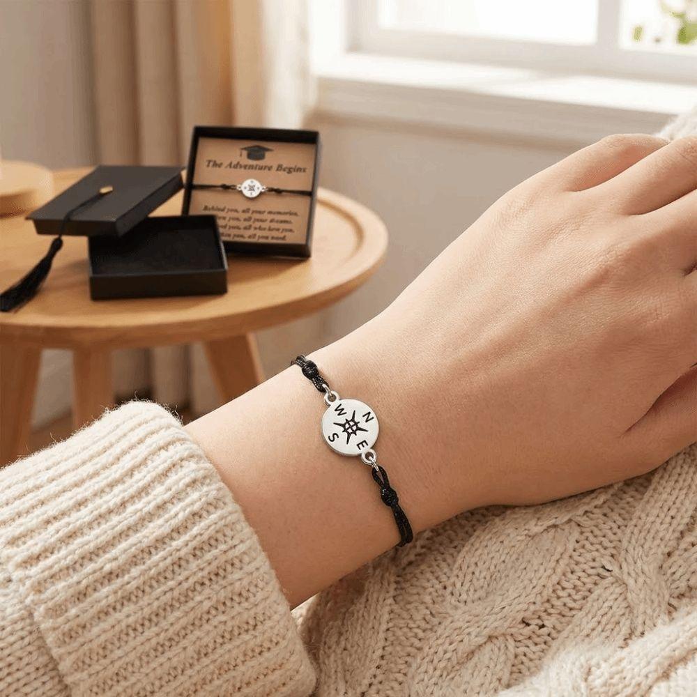 The Adventure Begins Graduation Compass Bracelet Hand Woven Doctoral Cap Gift Box Friendship String Bracelet Adjustable