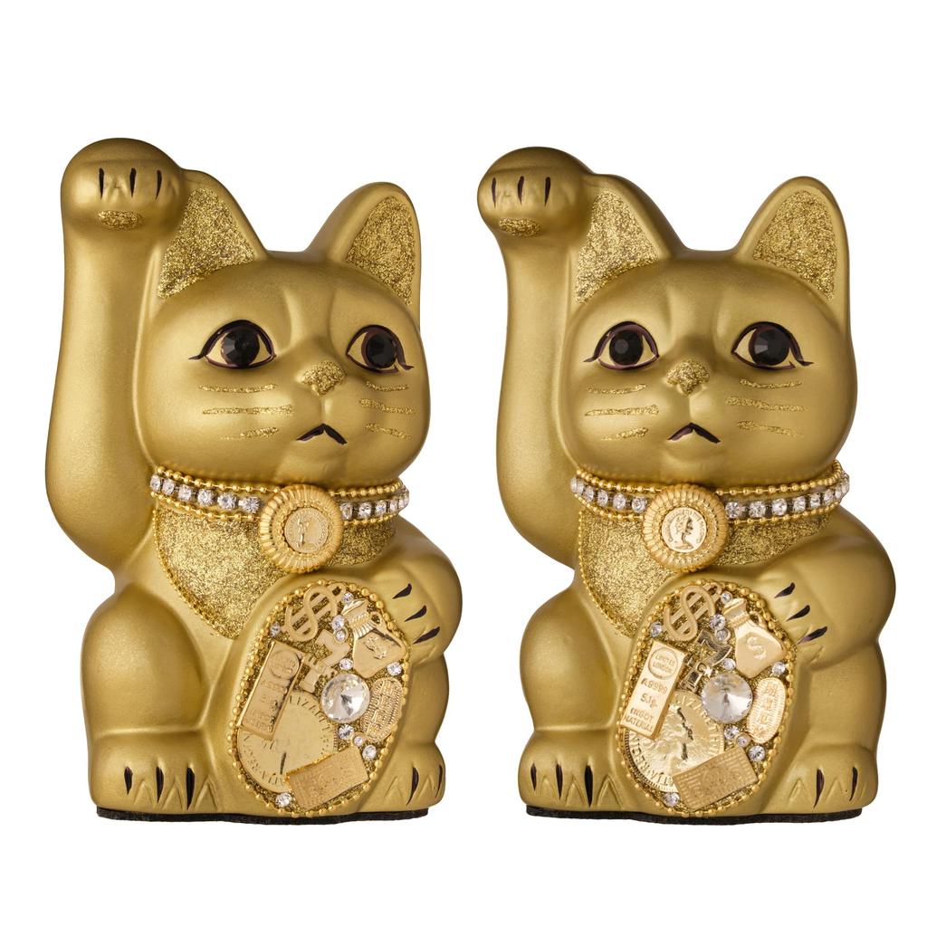 Lucky Cat Millionaire Cat (M-SIZE Gold) Right Paw Raised / Ceramic _ Lucky Cat Maneki-neko Auspicious Feng Shui Ornament (ml_M Gold)