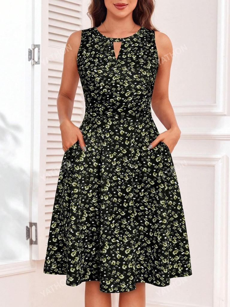 Floral Keyhole Neck Beach Dress with Hidden Zipper