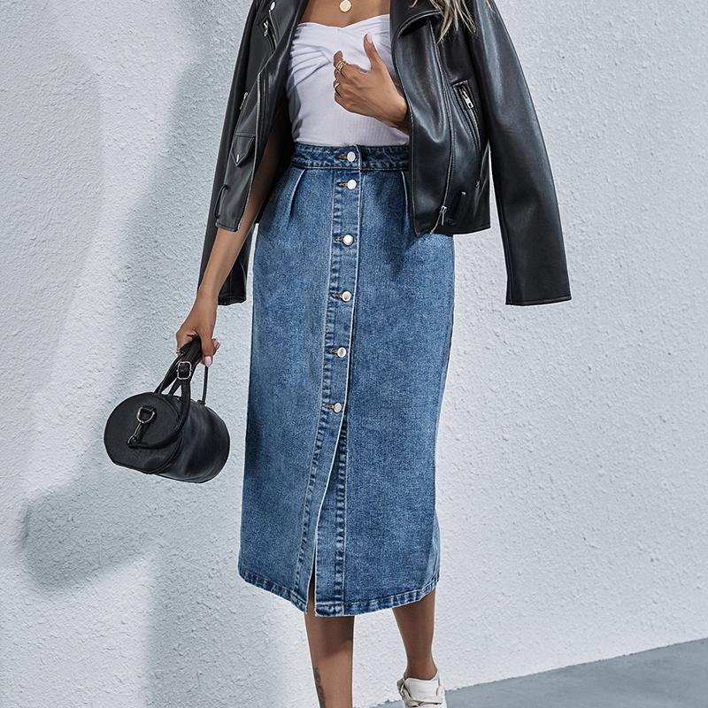 Women High Waist Pocket Single- Breasted Package Hip Jean Denim Skirt