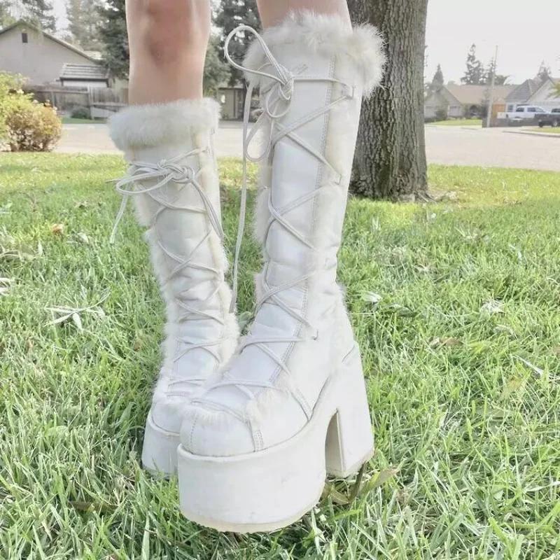 Winter Women Snow Boots Platform Wedge High Heel Faux Fur Lady Shoes Female Plush Warm Non-slip Mid Calf Boots Goth Shoes