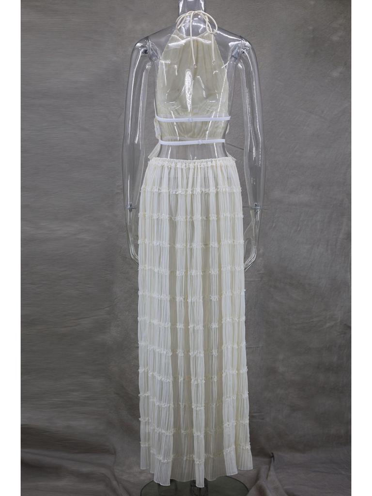 2024 Spring/Summer European & American Fashion Backless Halter Lace Ruffle Maxi Dress Set