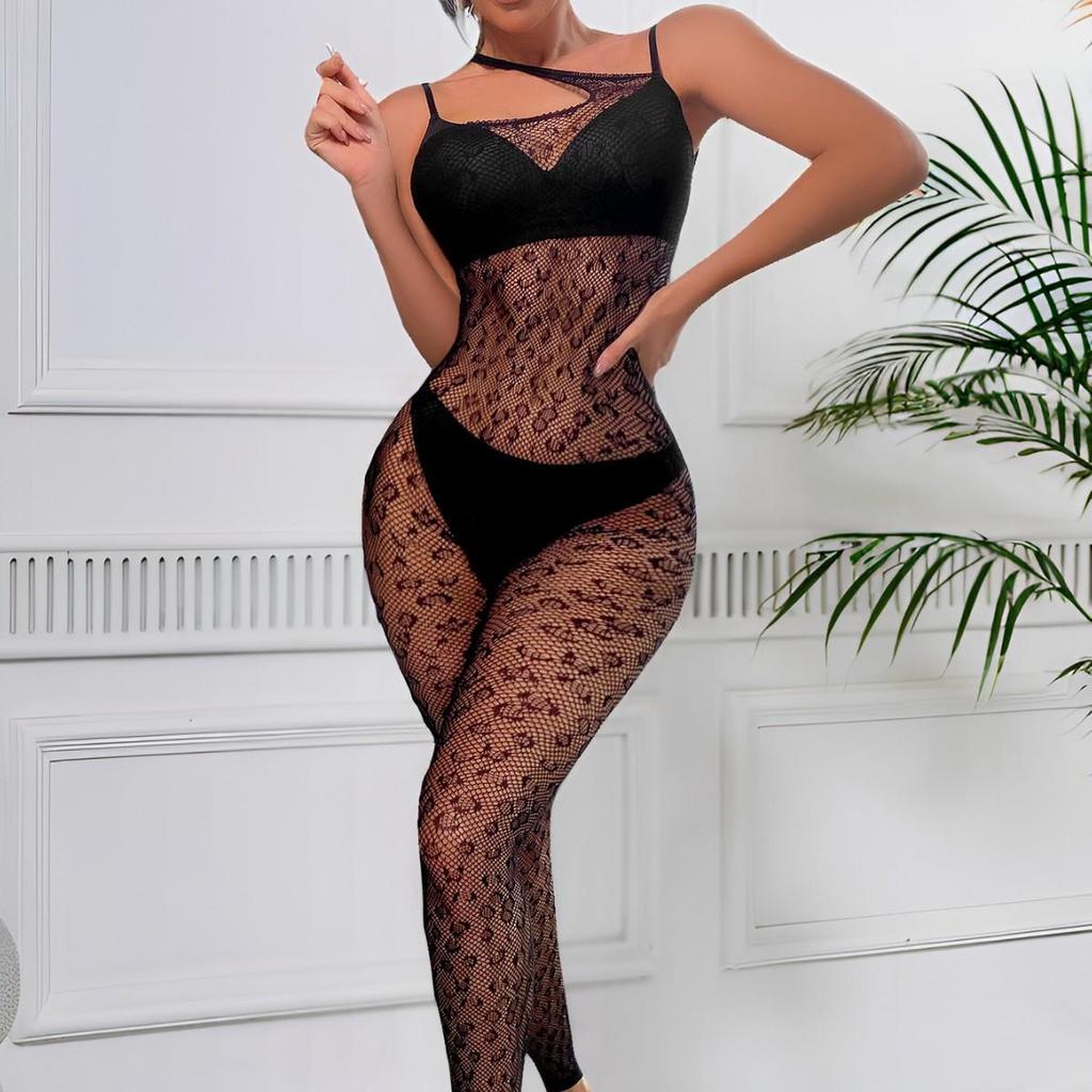Sexy Leopardendruck Mesh Neckholder Jumpsuit mit offenem Rücken und Schritt