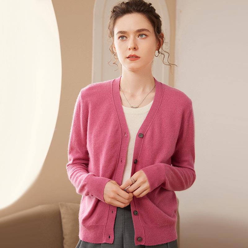 Autumn/Winter Cashmere Knit V-Neck Cardigan – Women's Long Sleeve, Loose Fit, Single-Breasted Top