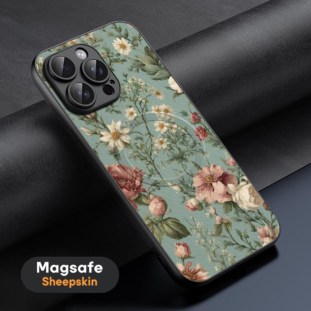 Art Retro floral pattern painting design Phone Case For iPhone 16 15 14 13 12 11 Plus Pro Max High-end Luxury Magsafe Sheepskin