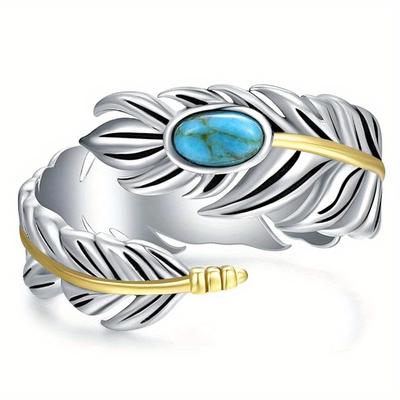 1pc Feather Ring Synthetic Turquoise Fashion Jewelry, Retro Personalized Design Explosion Ring