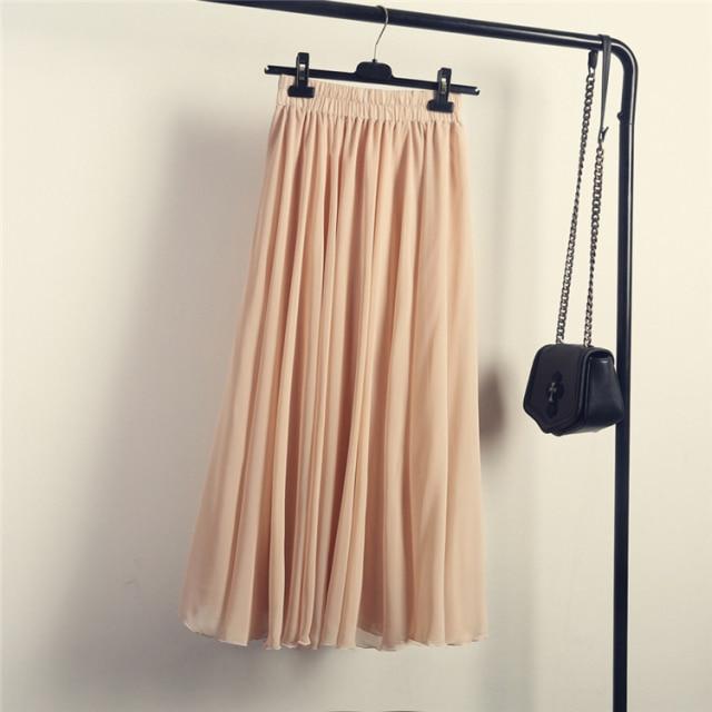 Bohemia Lange Rokken Vrouwen Stretch Hoge Taille Effen Chiffon A-lijn Rok Casual Geplooide Maxi Rok