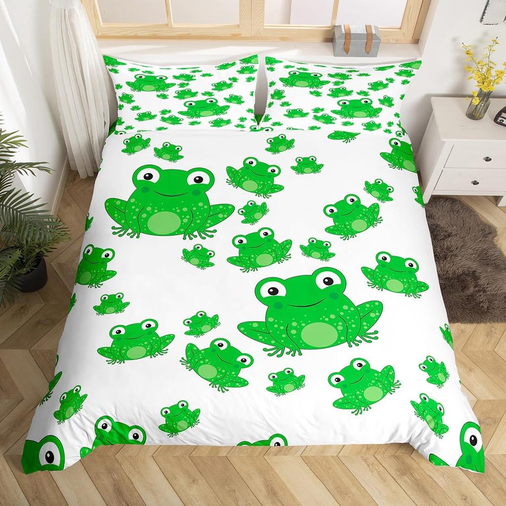 Kawaii Frog Dynetrekk King Queen Tegneserie Dyretema Sengesett Funny Wildlife Dynetrekk Barn Soverom Mykt Dynetrekk