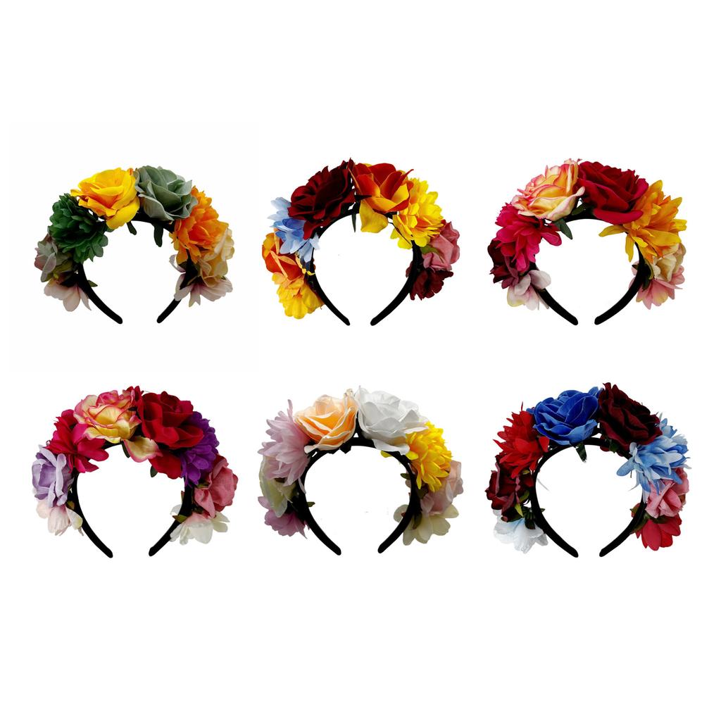 Colorful Rose Flower Headband for Music Festival Artificial Flower Wreath Hairhoop Wedding Bride Dressingup Accessory