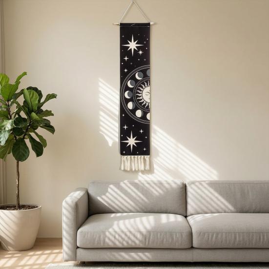 Fringed Tapestry, Soft Cotton with Sun Moon Star Prints Wall Hanging, Bohemian Style Doorway Curtain for Bedroom Living Room