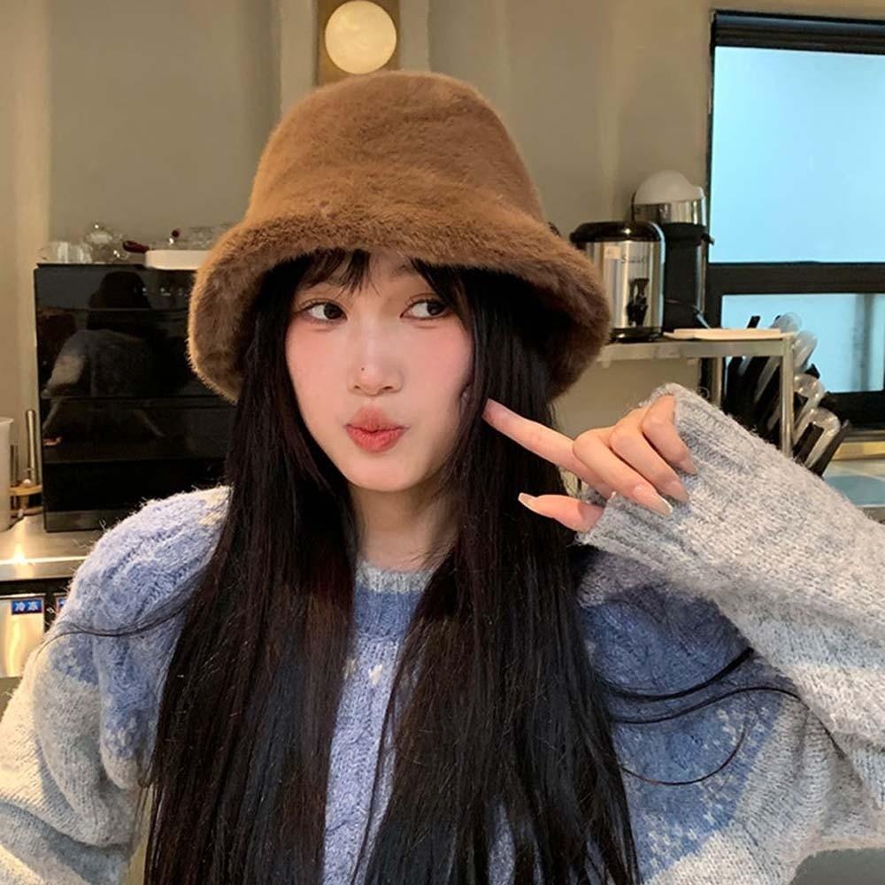 Warmer Winter Fisherman Hat Temperament Anti-cold Bucket Hat Elegant Plush Basin Cap  Women