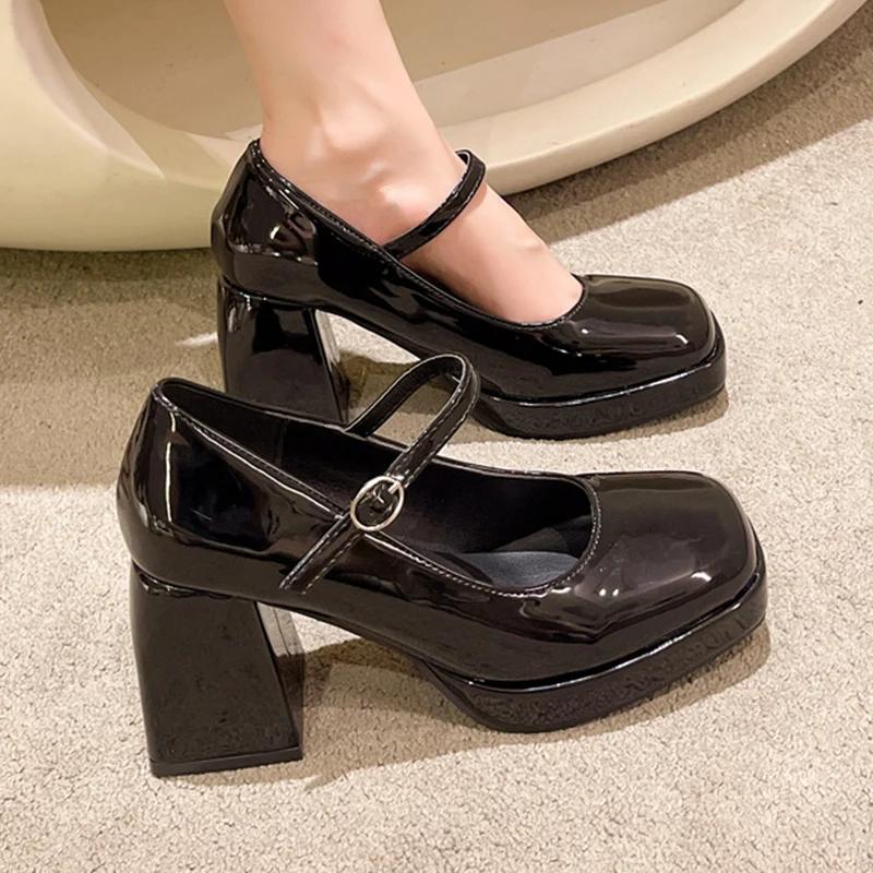 Vintage Chunky High Heels Mary Jane Shoes for Women Square Toe Thick Heel Black Lolita Shoes Patent Leather Platform Pumps Mujer