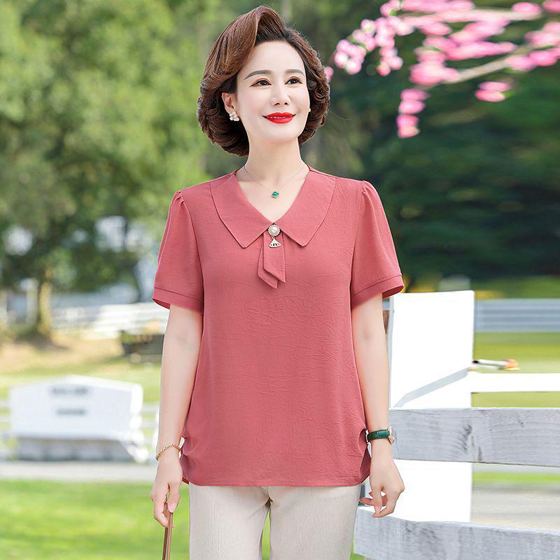 Mom's Stylish Summer Two-Piece Set: Chiffon Top & Short Sleeve T-Shirt for Middle-Aged Women