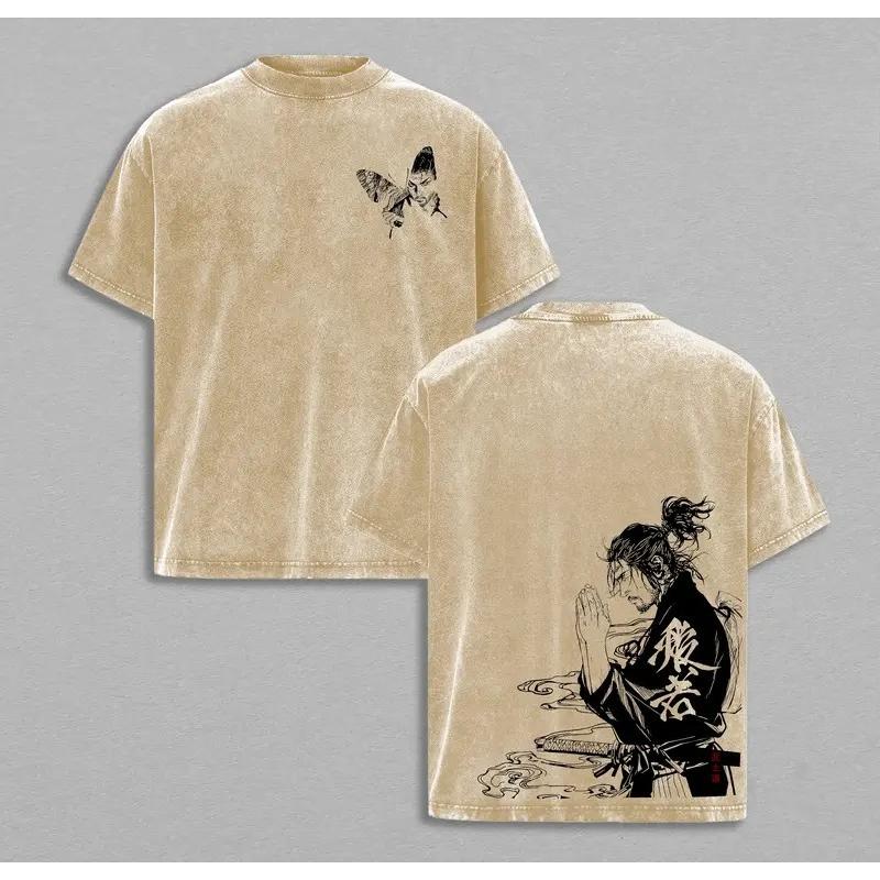 Miyamoto Musashi Vagabond Clothing Men Short Sleeve Manga T-shirts Vintage Washed T Shirt Casual Cotton Tee Harajuku Male Tshirt