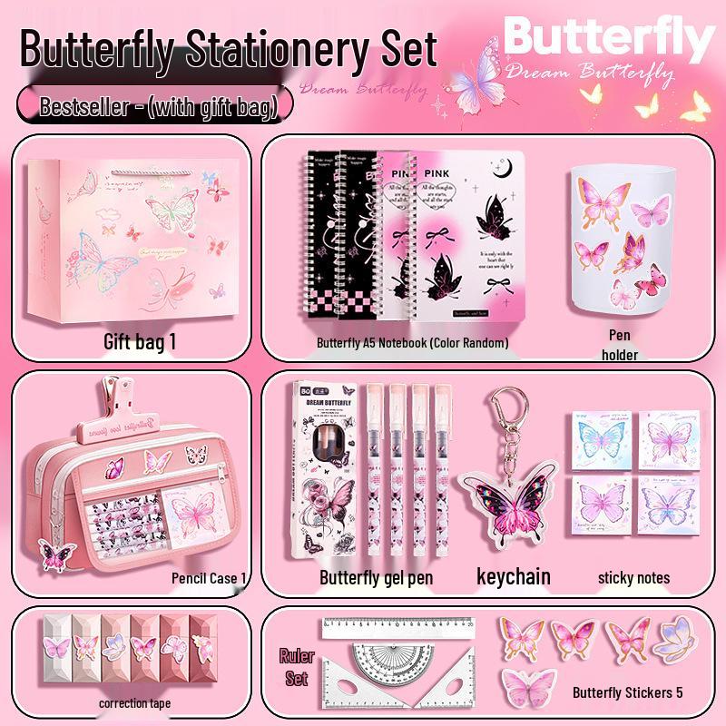 Pink Butterfly Stationery Gift Box for Girls, Back to School Supplies, Big Gift Pack for Tenth Birthday Party Favors