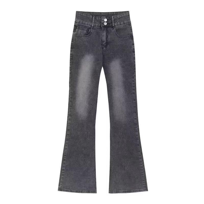 Women’s High Waist Gray Velvet Flare Jeans - Retro Stretch Bell Bottoms for Autumn & Winter