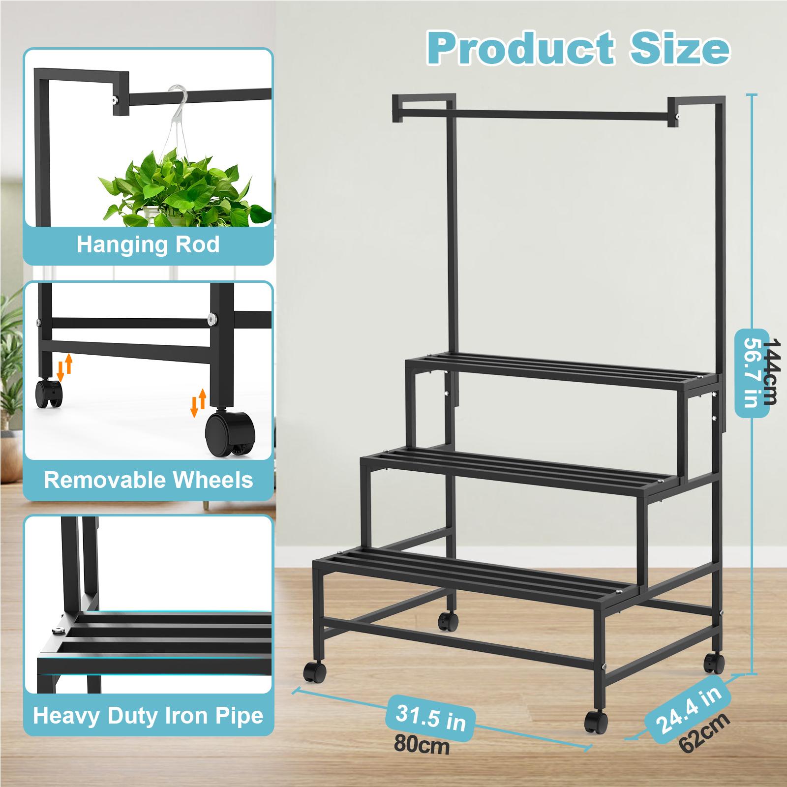 

Подставка для растений с колесами, прочная металлическая 3-уровневая лестница, держатель для подвесной полки, подставка для горшков, органайзер для растений, гостиная, сад