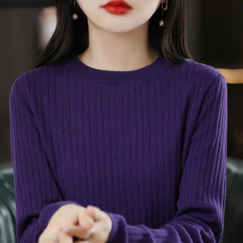 Damen Herbst Winter Pullover O-Ausschnitt Pullover Streifen Langarm Strickware Damen Slim Warm Unterzieh-Tops