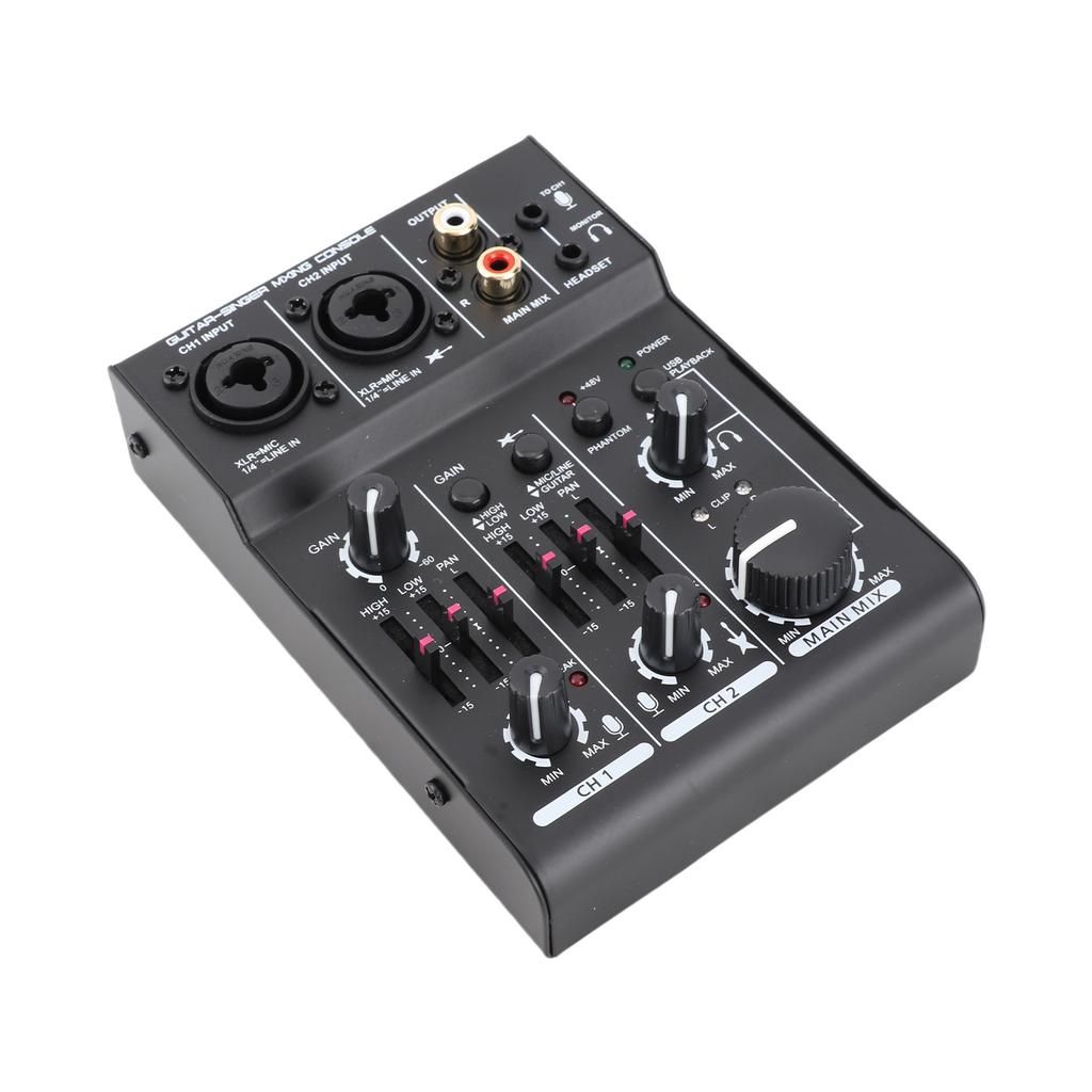 Mini 2 Channel Sound Card Mixing Console Digital Sound Mixer Built In 48V Phantom Power 5V USB Powered for Home Studio