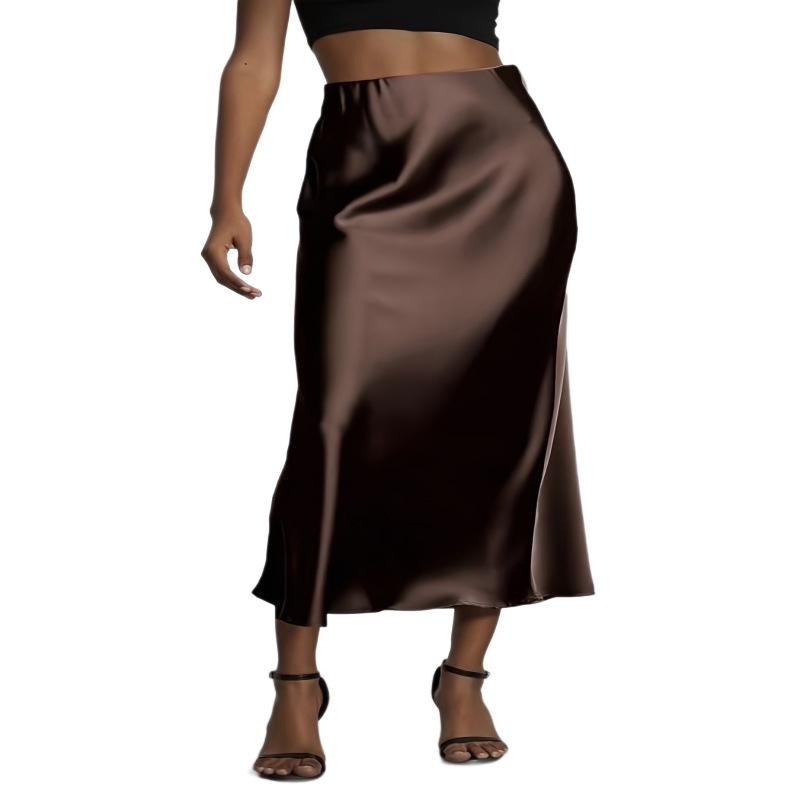 Elegant European-American Satin Midi Skirt with Slimming Drape
