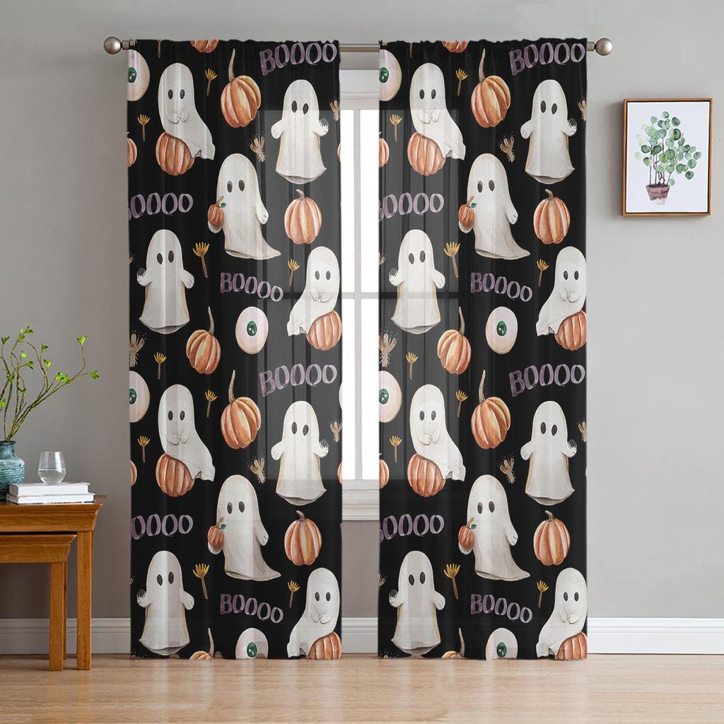 Halloween Haunted Mansion Purple Black Tulle Window Curtains Living Room Organza Sheer Voile Curtain Bedroom Kitchen Home Decor