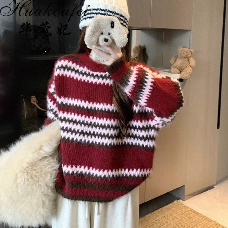 Red Striped Sweater for Women Autumn and Winter Loose Round Neck Pullover Knit Sweater Top S