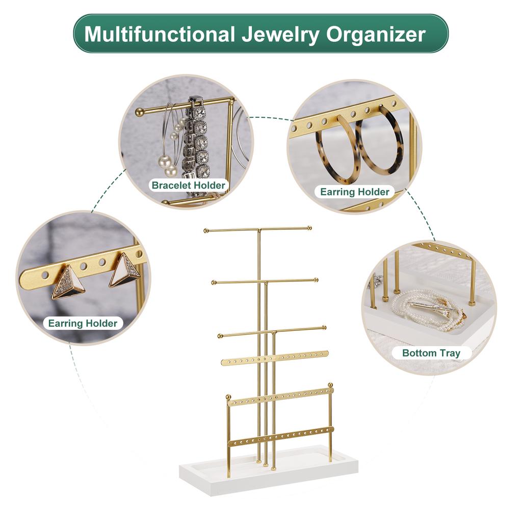 Jewelry Stand Holder 6 Tier Metal Necklace Display Organizer Earring Tower with Wood Tray for Bracelets Rings Necklaces Gold