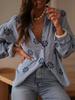 Women's Blue White Checked Long Sleeve Shirt Casual Loose Fit Blouse