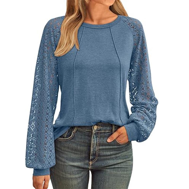 Damen Bluse mit Spitzensaum - Neues Langarm Rundhals Oversize Hemd Tunika Top Boho Eleganter Stil