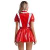 Dámská uniforma pro klubové oblečení Naughty Maid Lesklá lakovaná kůže Cosplay šaty pro služebnou Volány lemovky Mašle Zástěra s nabíraným rukávem A-Line