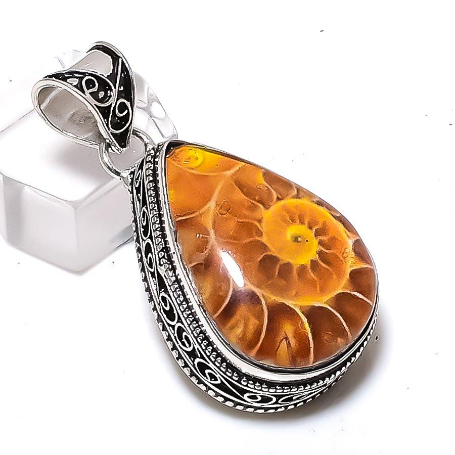 Natural Ammonite Doublet Gemstone 925 Sterling Silver Jewelry Pendant 1.73" ETC-14694