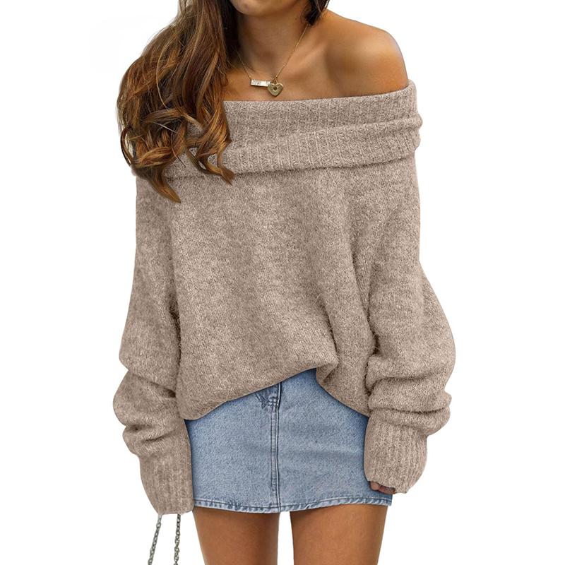 Winter Fall Women Solid Turtleneck Off Shoulder Pullovers Long Sleeve Sweaters Pullover Female Loose Knitted Jumper Outerwear
