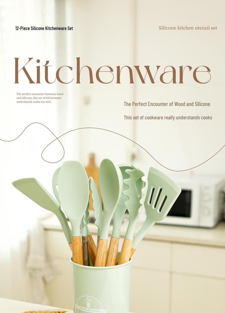 12-Piece Silicone Kitchenware Set with Wooden Handles - Non-stick and Heat Resistant Spatula & Soup Ladle