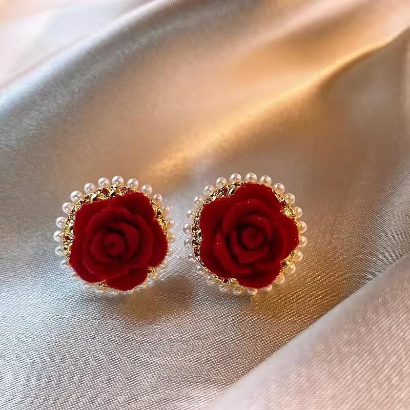 Retro Red Zirconia Pearl Flower Earrings - High-End Hong Kong Style Studs for Women