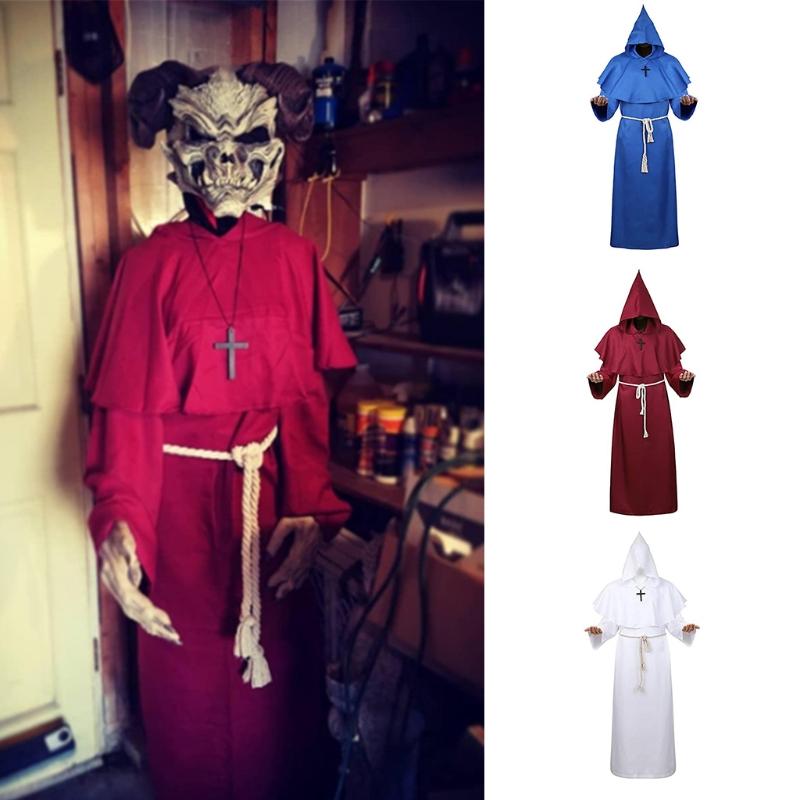 Wizard Costume Halloween Cosplay Medieval Friar Robe Priest Costume Ancient Clothing Christian Suit Cloak Halloween