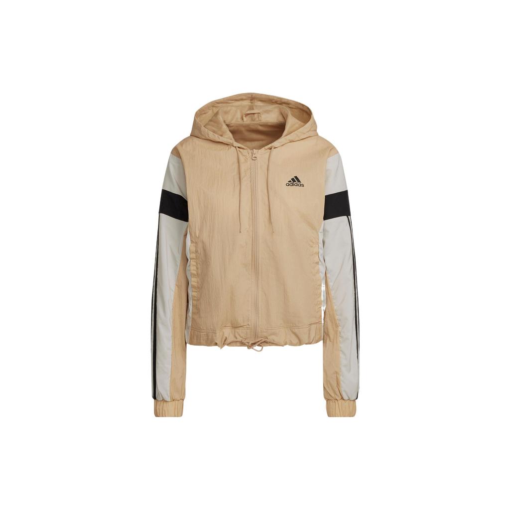 Adidas Logo Drawstring Hooded Long Sleeve Jacket And Cuffed Sweatpants Casual Set Women Sets Khaki HK0465