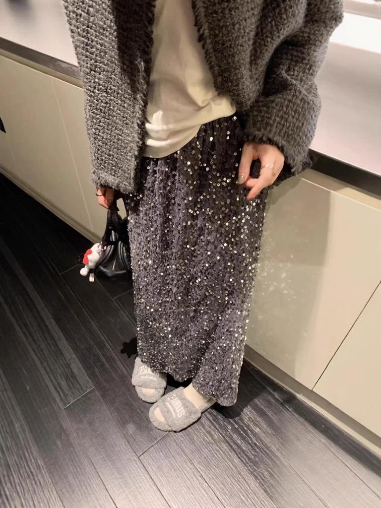 2026 Early Spring/Autumn Korean Velvet Sequin Midi Skirt