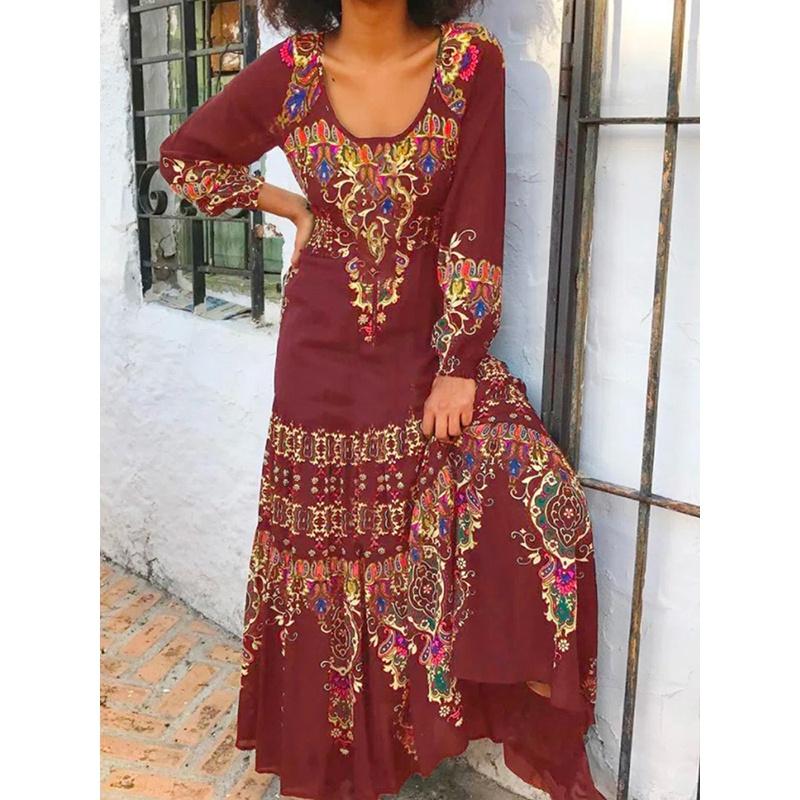 

Женское свободное платье с круглым вырезом, винтажное повседневное платье макси с длинным рукавом и принтом, элегантное женское пляжное платье, богемное вечерние клубное платье 3XL вино красного