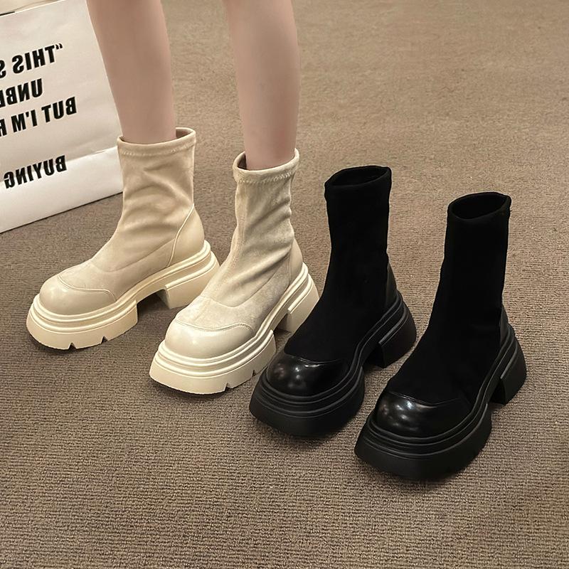 Platform short boots women's new autumn elastic thin boots British style boots Martin boots fried street black single boots