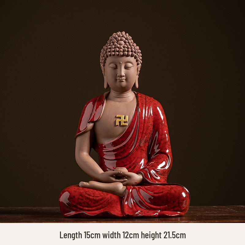 Keramik Shakyamuni Buddha Statue - Wohnzimmer Kunstwerk mit den Drei Heiligen und Lichtkreis Design