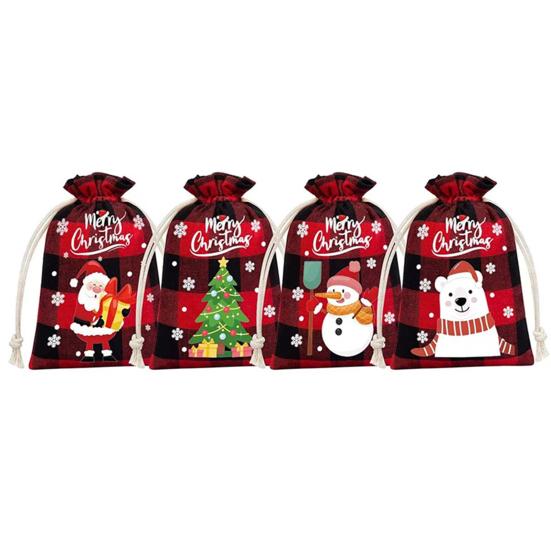 8Pcs Christmas Candy Bag Merry Christmas Santa/Tree/Snowman/Bear/Reindeer/Penguin/Gnome Plaid Tear-resistant Soft Gift Packing Cotton Linen Cookie