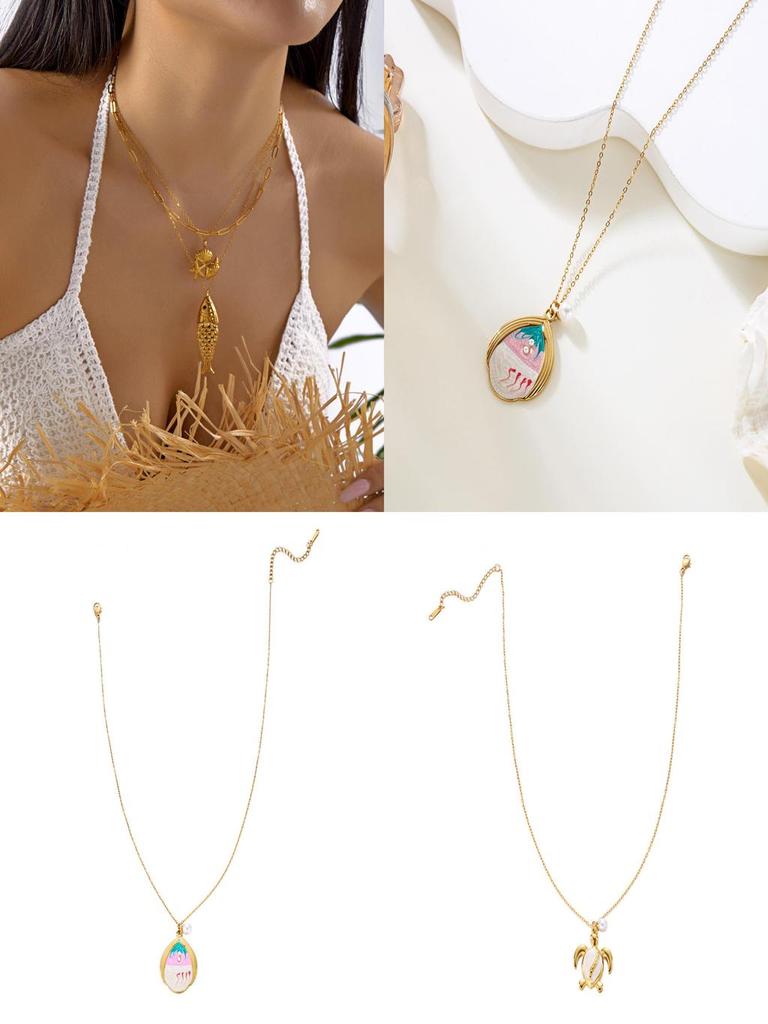 Marine Theme Stainless Steel Pendant Necklace With Pearl And Turtle Design For Summer Fashion