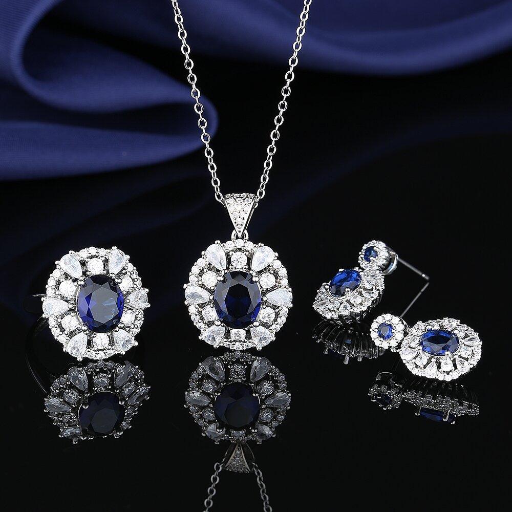 Bridal Dress Jewelry Set Zircon Inlaid Blue Gemstone with Middle Eastern Jewelry Ring Necklace Earrings Set Ring Size:Adjustable